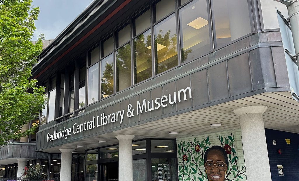 The front of a building. “Redbridge Central Library & Museum.”