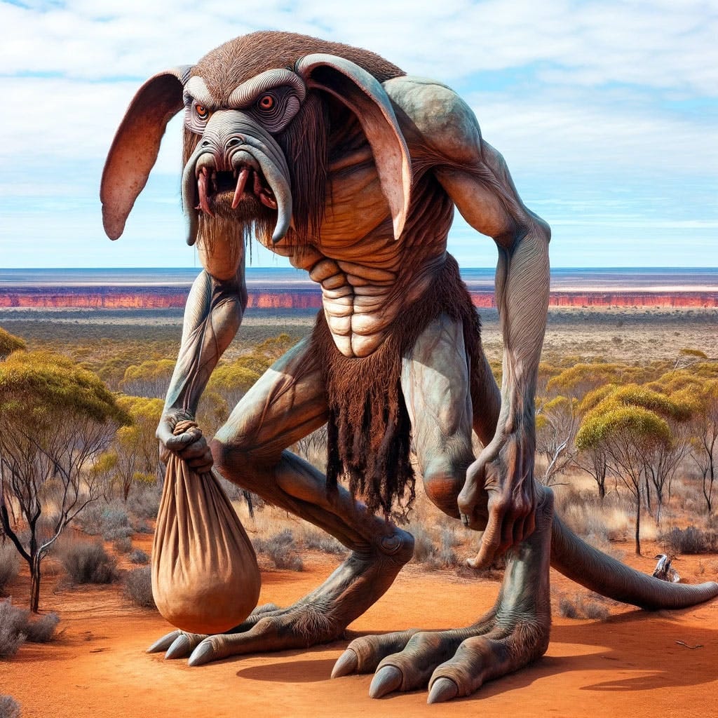 AI-generated depiction of Cheeroonear, a mythical creature from Aboriginal Australian mythology. He is tall and heavily built, with the arms and legs of a man but the face of a dog.