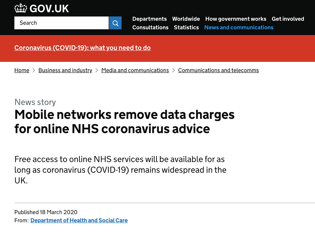 A headline on Gov.uk saying Mobile networks remove data charges for online NHS corooavirus advice