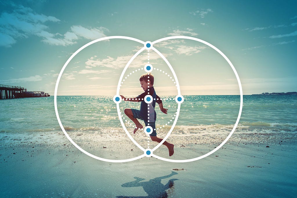Diagram of the Functional Medicine Matrix superimposed over an image of a young, healthy child skipping across the beach.