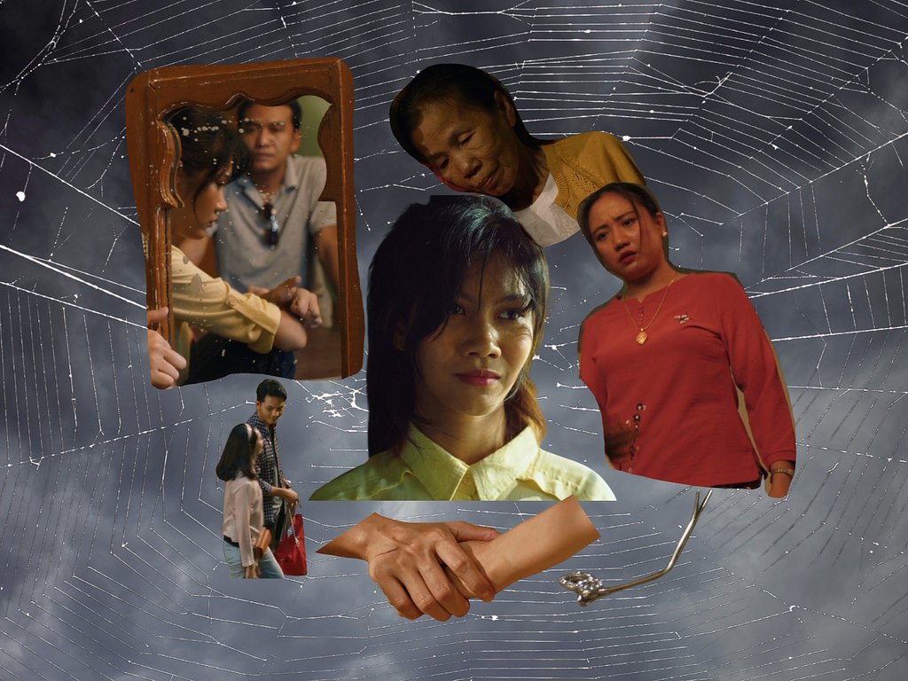 Another collage of San suffocating from the representations of the expectations in her life on a web with an even cloudier backdrop: Bhone, her grandmother, her mother, a mystery man, Theint’s hand with that man, and Theint’s broken hair clip.