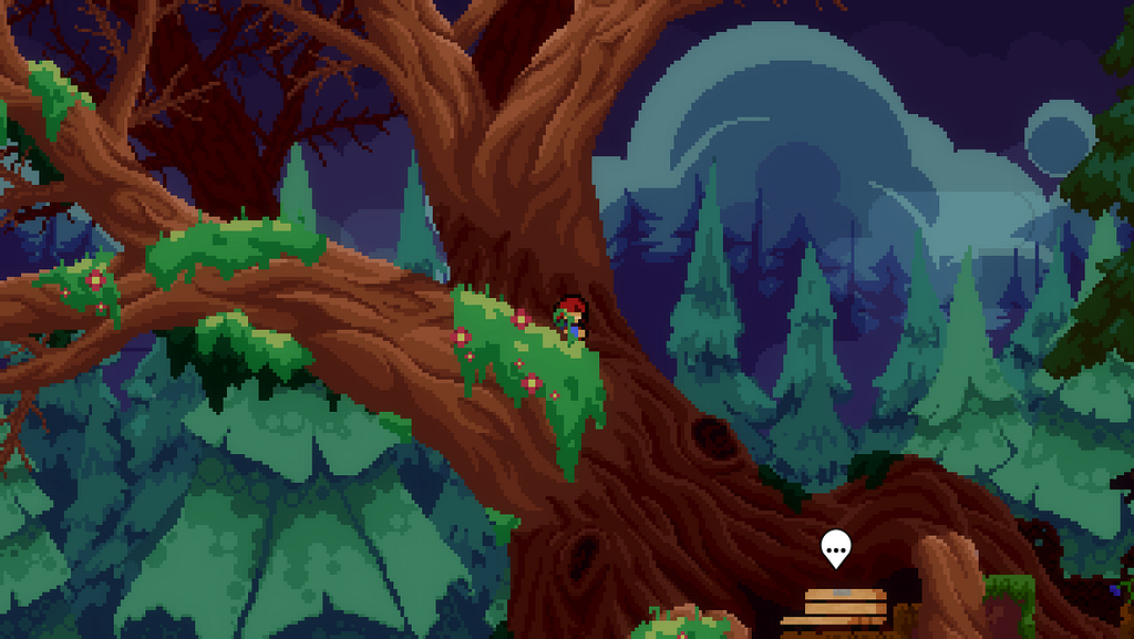 The Intermediate Lobby. Madeline stands on top of a massive tree with no leaves and overgrown moss. There is a bench nearby. In the background is a dark sky behind a pine forest, with clouds and fog rolling over the trees.