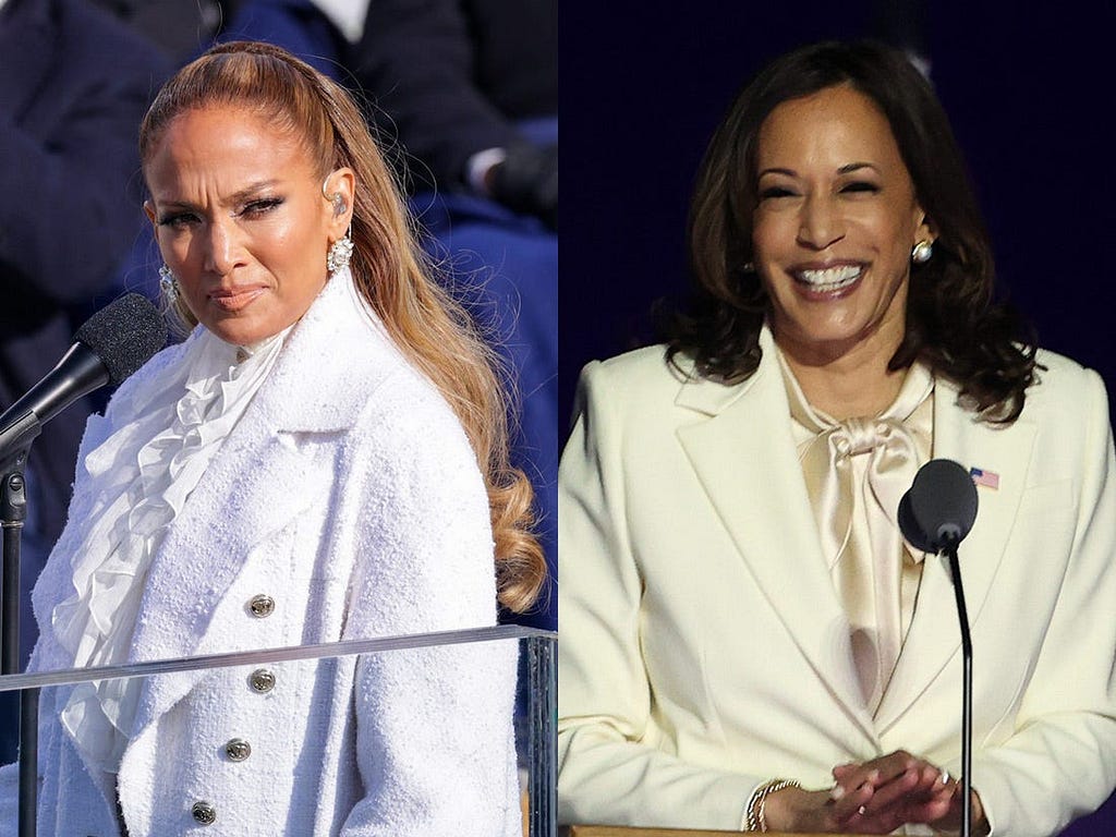 J Lo wore all white, just like Kamala Harris did for her victory speech in November.