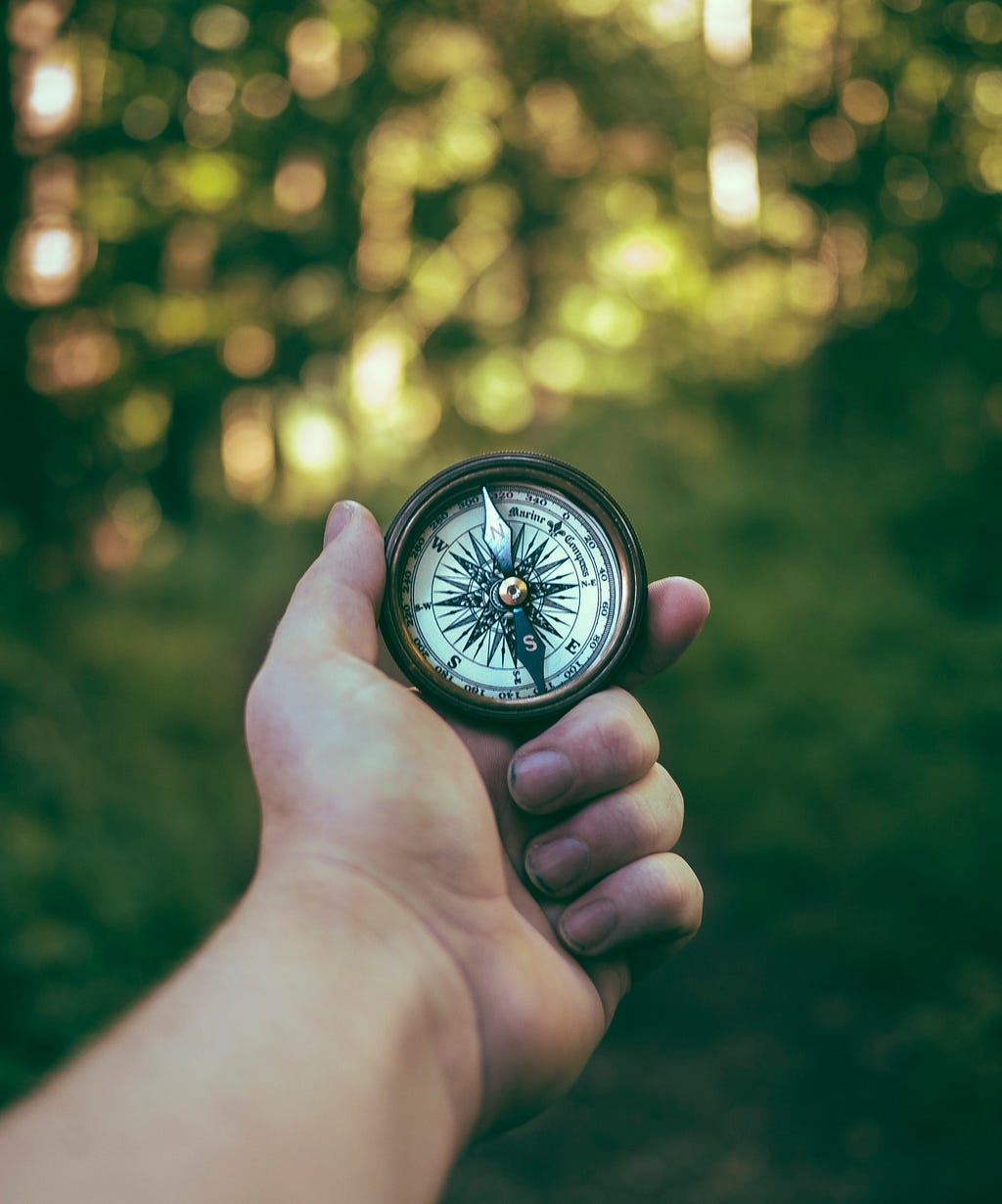 Person holding compass in forest