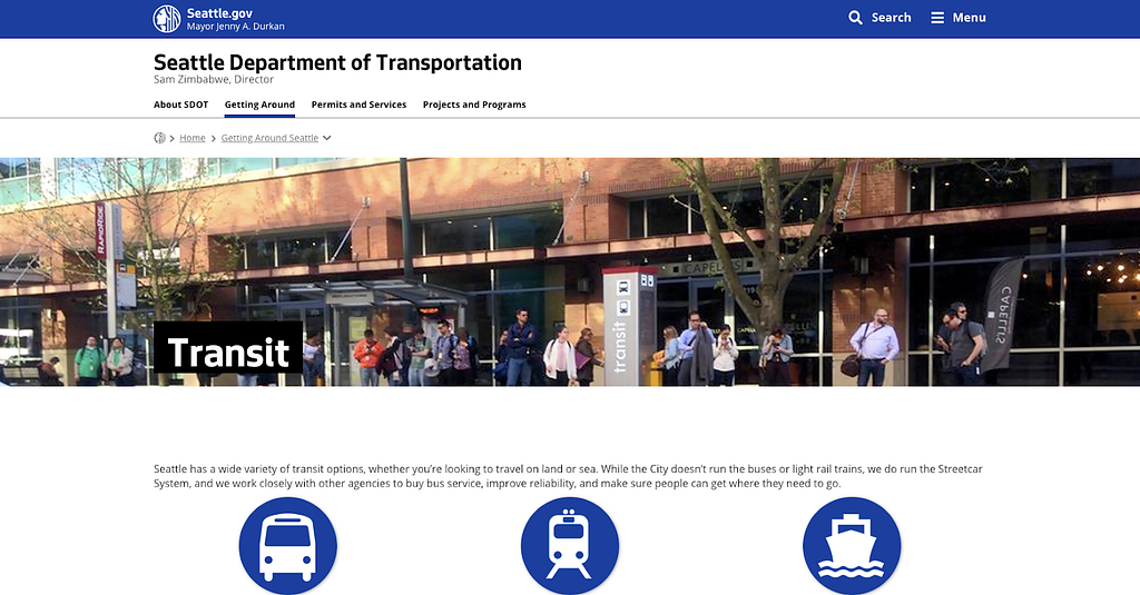 Seattle Metro Homepage. People standing around outside. Bus, train, and ferry drawings are circled at the bottom of the page