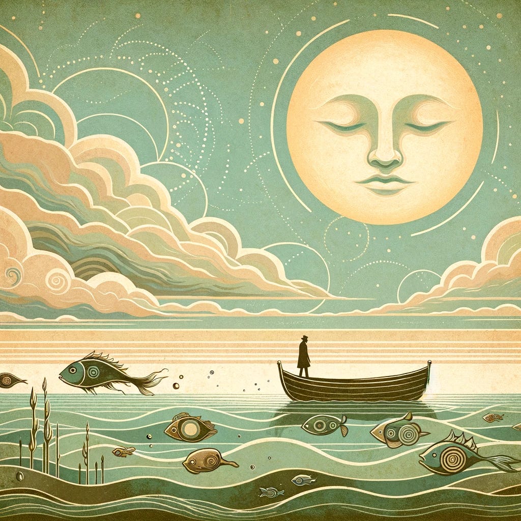 A sillouhette of a man stands in a boat on a calm ocean, looking up at a moon with a peaceful face.