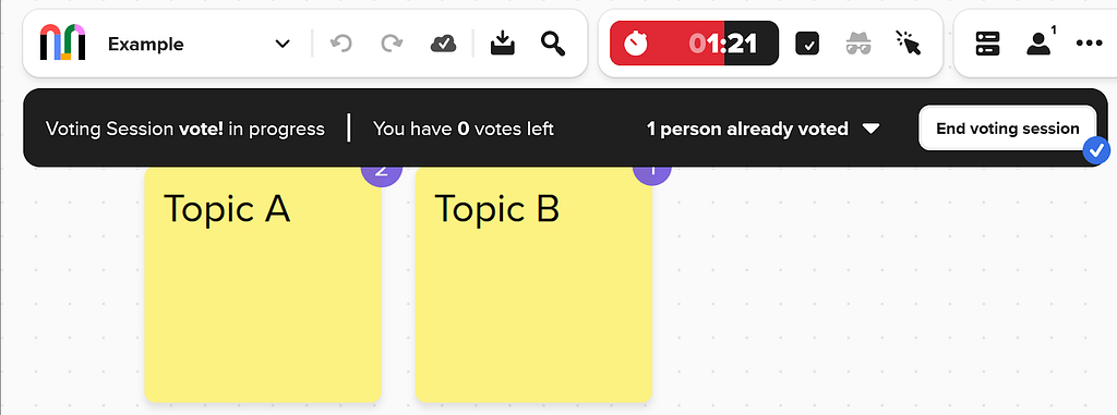 A view of one participant voting. The participant has submitted all three of their votes, placing two votes on Topic A and one vote on Topic B. A timer is running.
