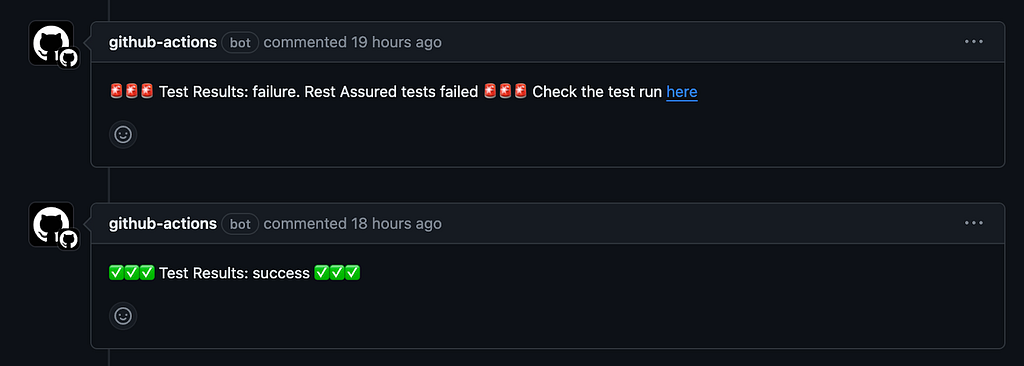 Two comment on a Github Pull Request, the first one informing that the tests failed and the second informing that the tests passed.