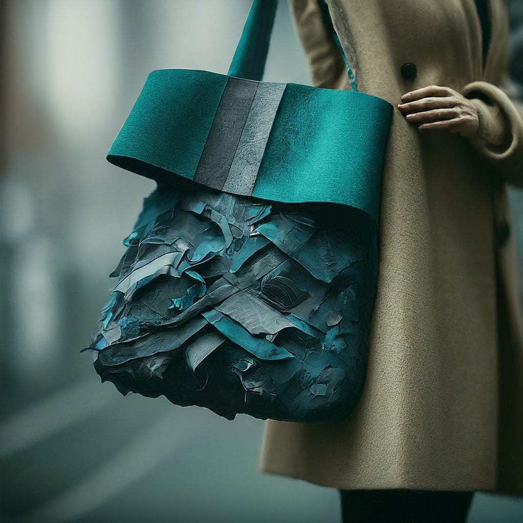 A close-up of a person holding a large teal handbag made of layered, petal-like elements. The bag, which is the focal point of the image, symbolizes the transformation of discarded items into luxury fashion items, tying into the article’s topic of upcycling for sustainability. The person is wearing a beige coat, further emphasizing the handbag’s unique texture and color.