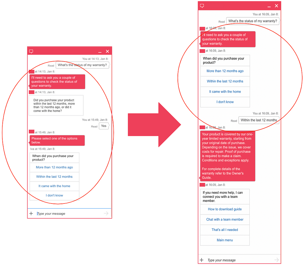 The image shows a chatbot error message on the left and on the right, the same chatbot error message is displayed with design improvements mentioned in the text.