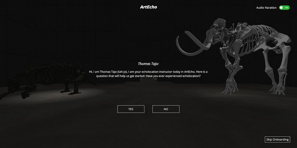 Onboarding screen from Art Echo that shows text asking users if they are familiar with the practice of echolocation. In the background on the right, there is a dramatically lit woolly mammoth skeleton. On the left is a dinosaur skeleton that is hard to discern because of low lighting.