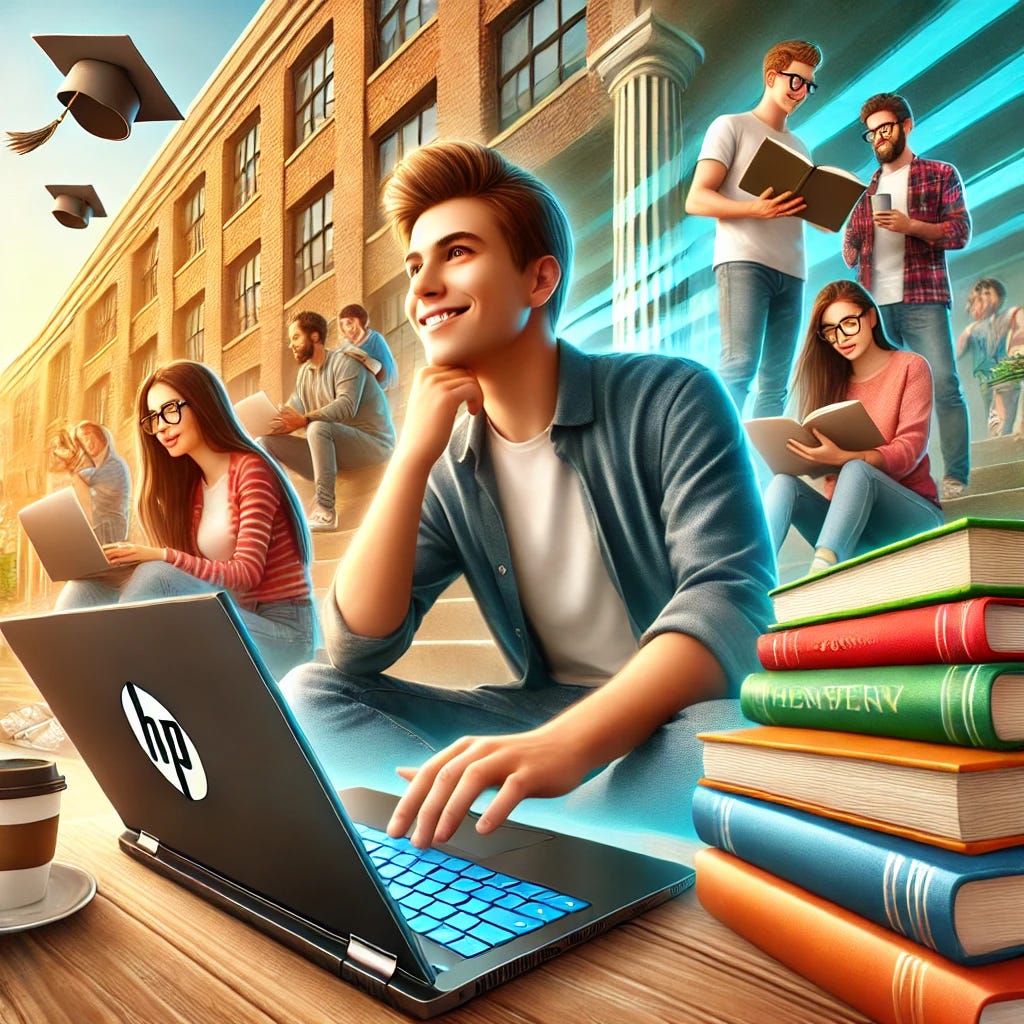 Vibrant college campus scene with students studying and relaxing. One student is happily using the HP Pavilion X360 with a satisfied expression, while another student looks at the laptop with a thoughtful, slightly concerned expression. The scene includes laptops, books, and coffee cups, creating a realistic and dynamic atmosphere.