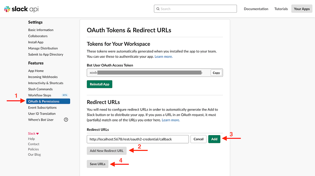 Adding Redirect URL to Slack App