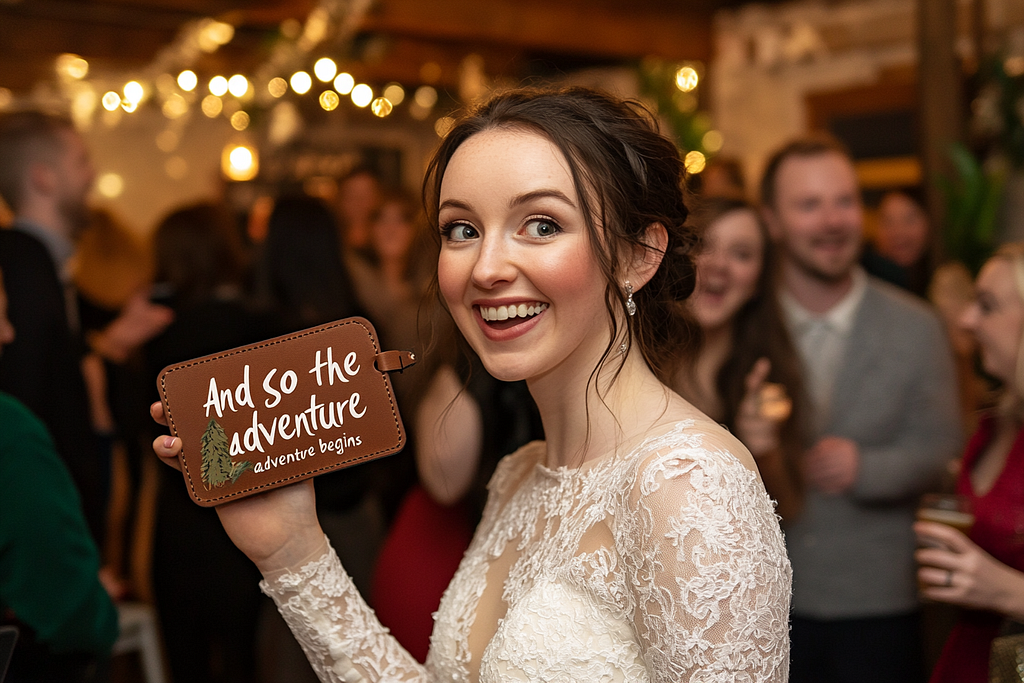 The bride hands a leather luggage tag prize to the winner of the ‘Where Were They?’ game.