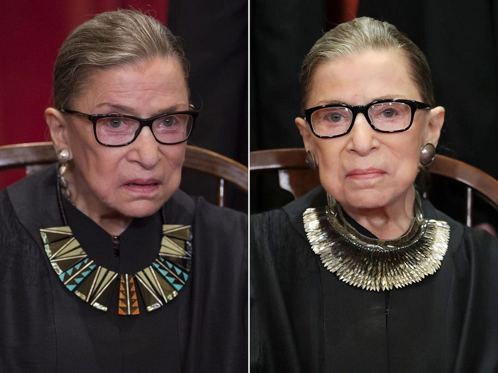 Supreme Court Justice Ruth Bader Ginsburg (in 2017, left; and 2018, right).