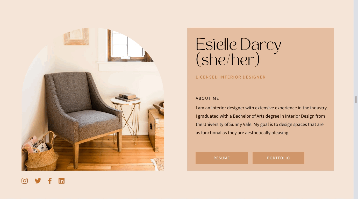 A beautiful Canva template featuring a sofa, coffee table with a book on it and wooden flooring in a well-lit apartment. The template is states “Estelle Darcy” with resume and portfolio buttons. The template is resized dynamically.