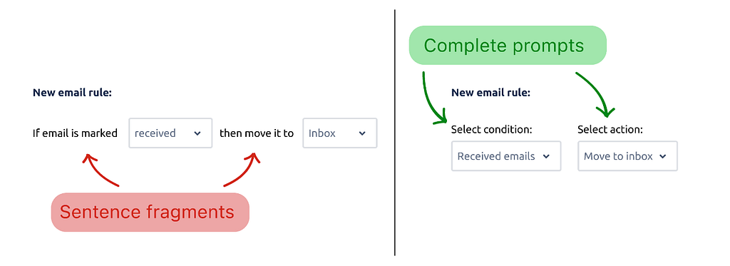 Figure 7. Embedding UI elements in text (left) creates sentence fragments, which disrupts localization. Using complete prompts (right) offers a more universally applicable solution.