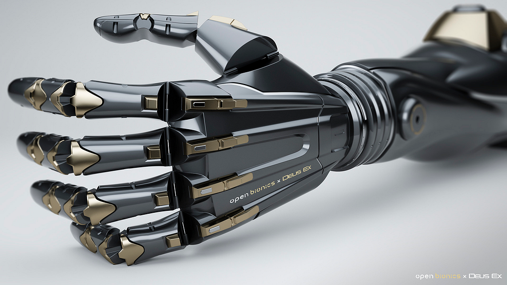 3D rendering of a bionic arm inspired by Deus Ex, black with gold elements