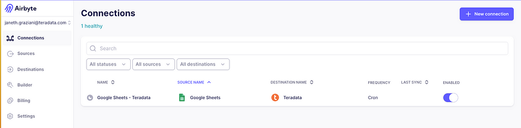 Airbyte interface with a successful “Google Sheets — Teradata” connection listed, set to a cron frequency, and currently enabled.