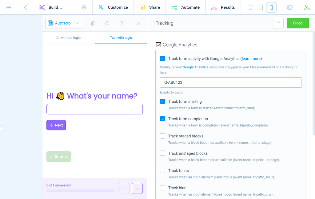 Tripetto form builder with Google Analytics