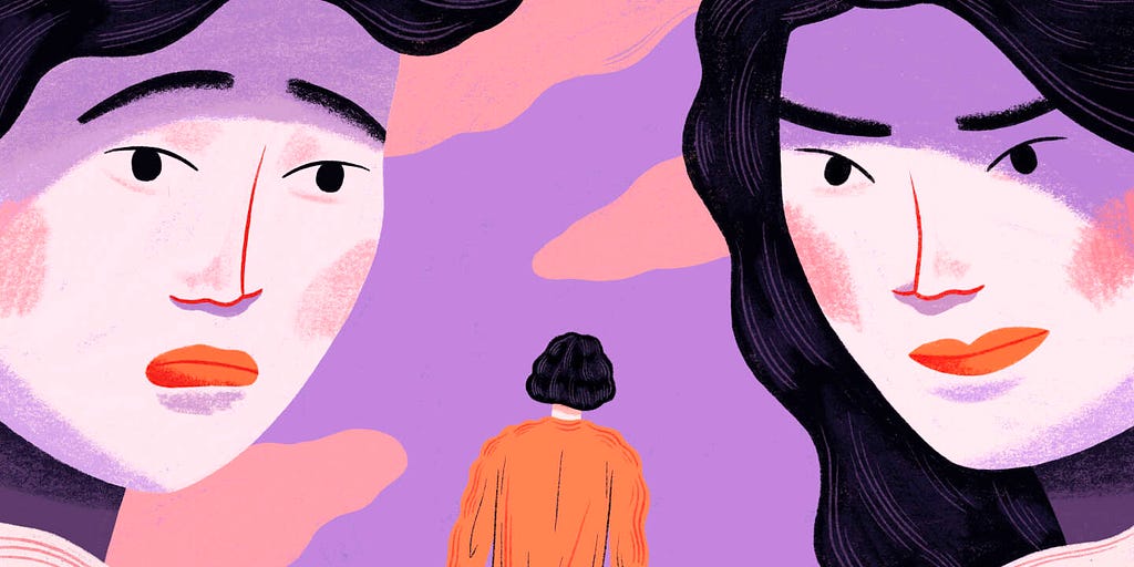 Two women staring down at a human. Cartoon. Represents asian racism