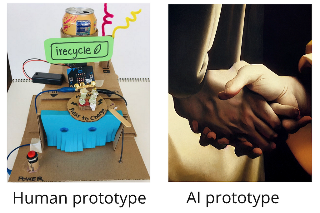 A side to side comparison between a messy prototype from a Design Thinking workshop and a AI generated image of hands with to many fingers