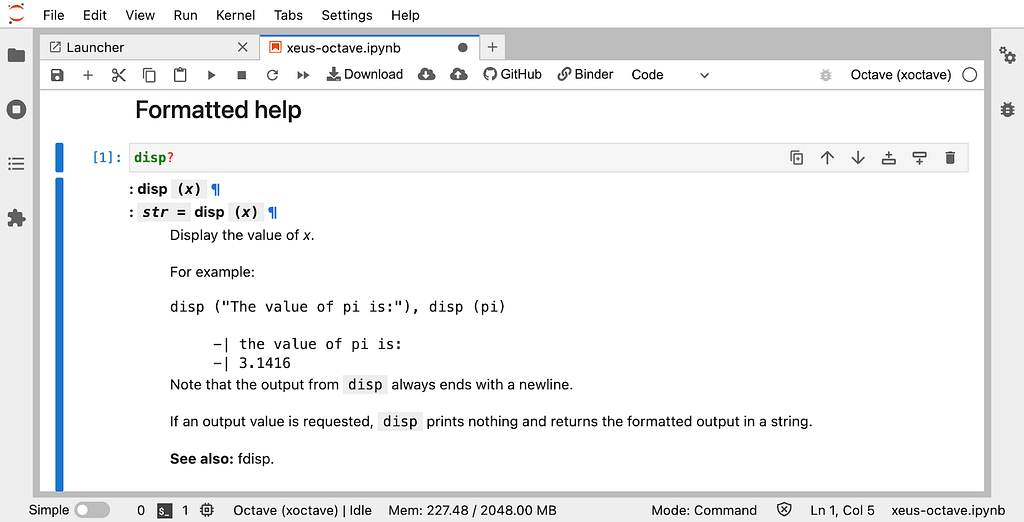 Screenshot of GNU Octave in action in Jupyter with the interactive help displayed in an output cell