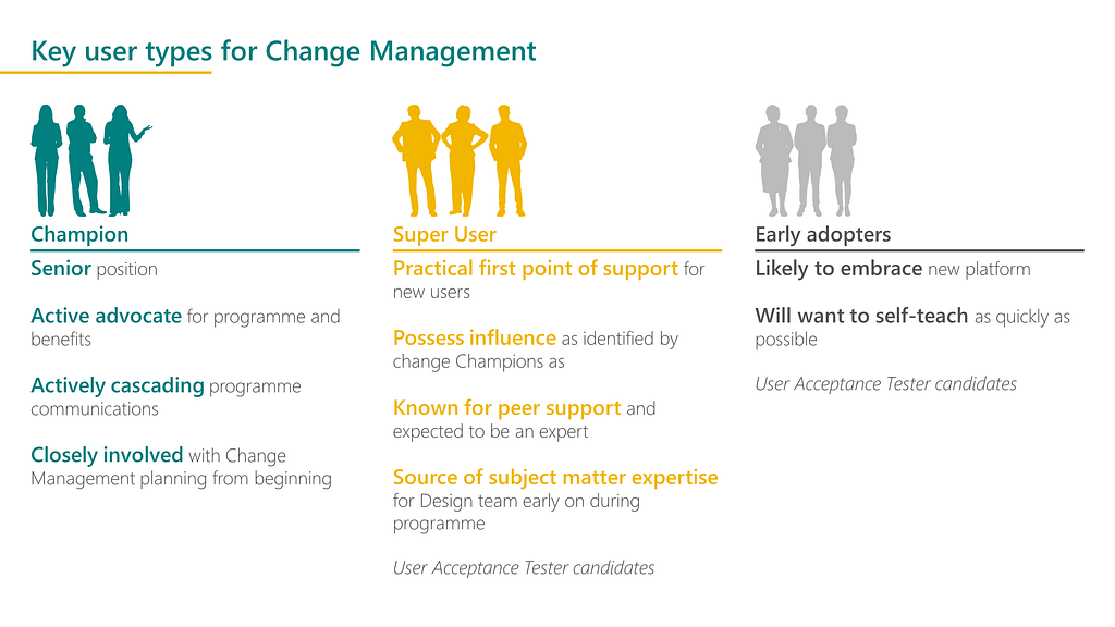 Example slide showing three categories of change roles, with different colour silhouettes for each category