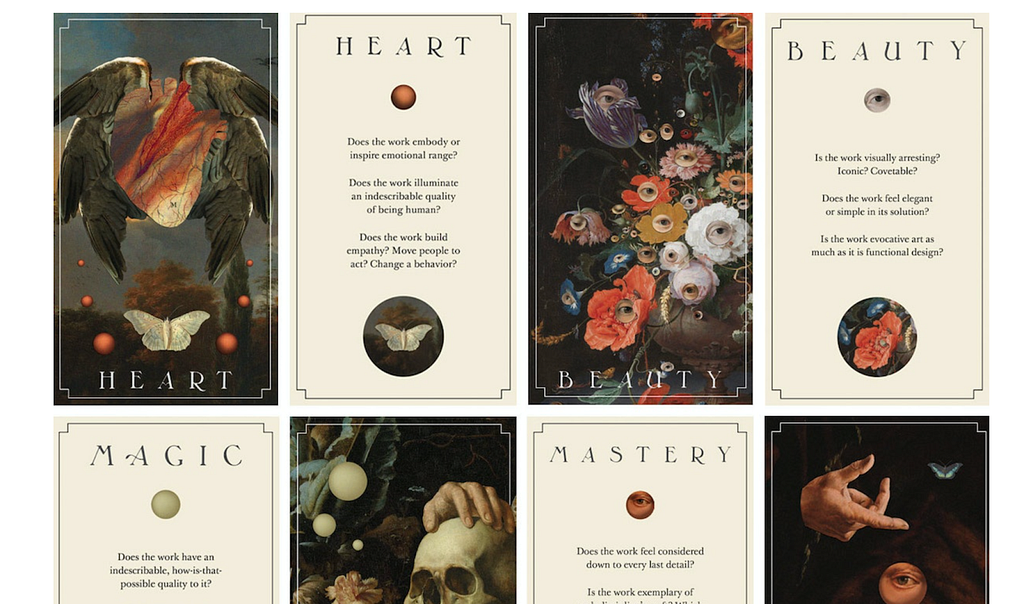 Collage showing IDEO design review cards. Each card has an abstract image that represents the “value” e.g. Heart, Beauty, Magic, or Mastery, and a description of that value.