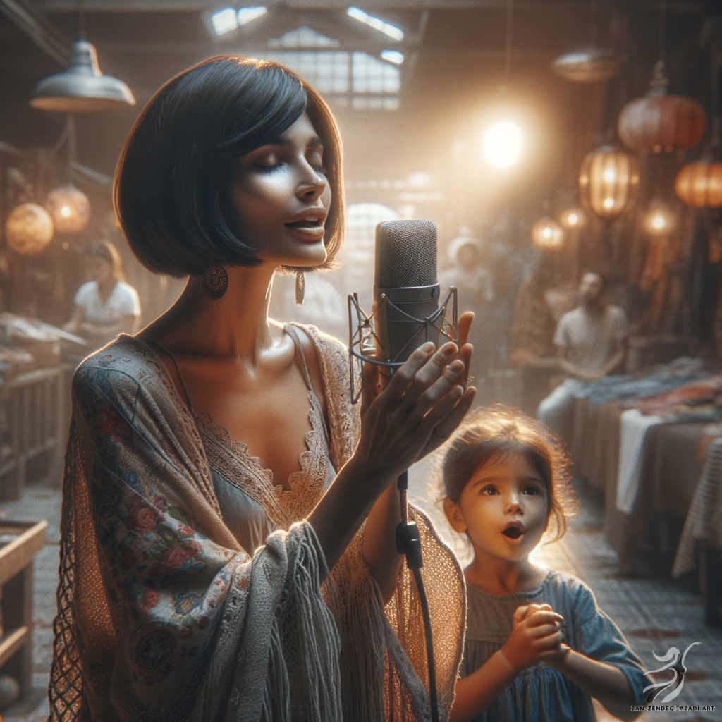 In the photo, one  woman with a child are illustrated singing a song melodiously at a shop, rendered with a mastery of light and shadow, often in a thoughtful, introspective style. The woman has a bob cut hairstyle and is wearing boho chic dress