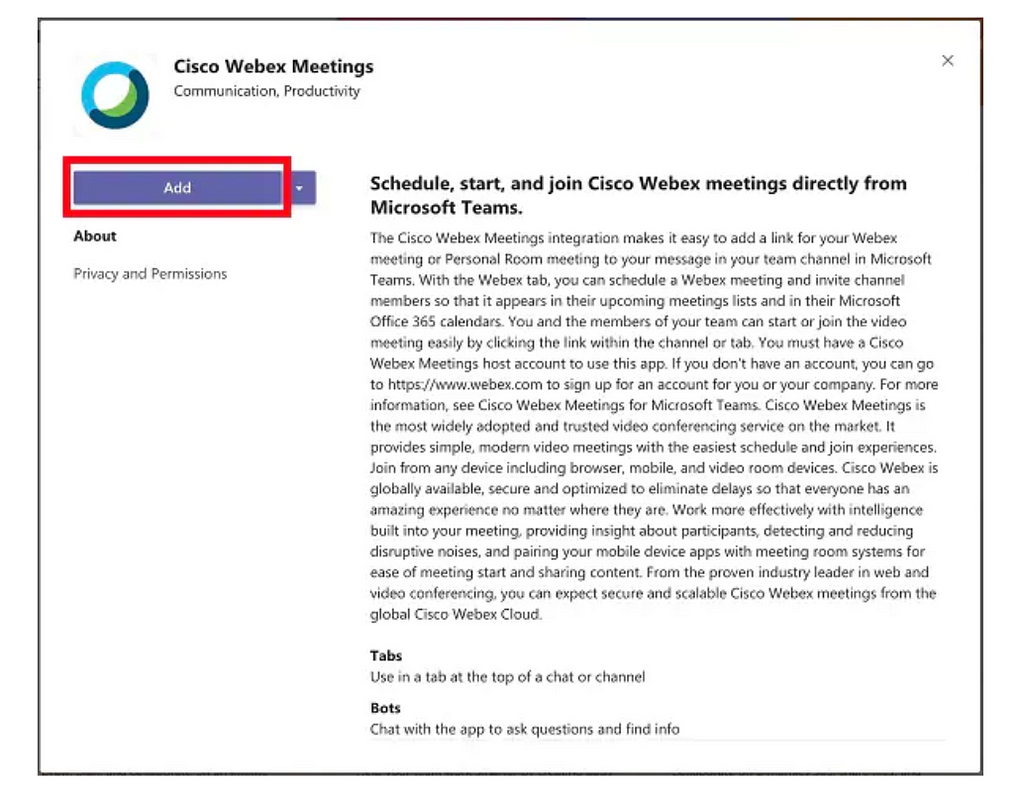 Webex meetings in Microsoft Teams