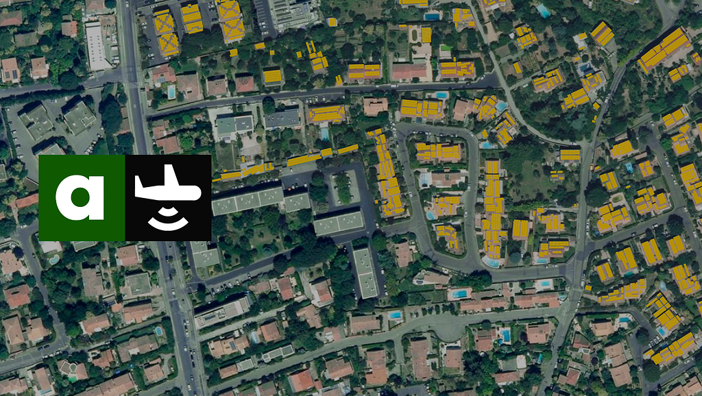An aerial view of buildings’ roofs virtually covered with solar panels, in the south of France