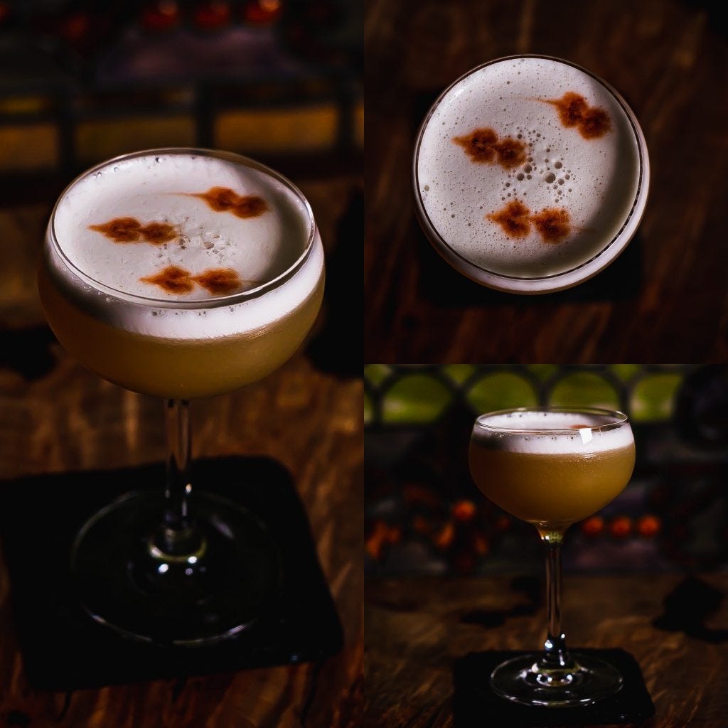 Three photos of a No Dry Shake Whiskey sour, with a top view, side view, and diagonal view