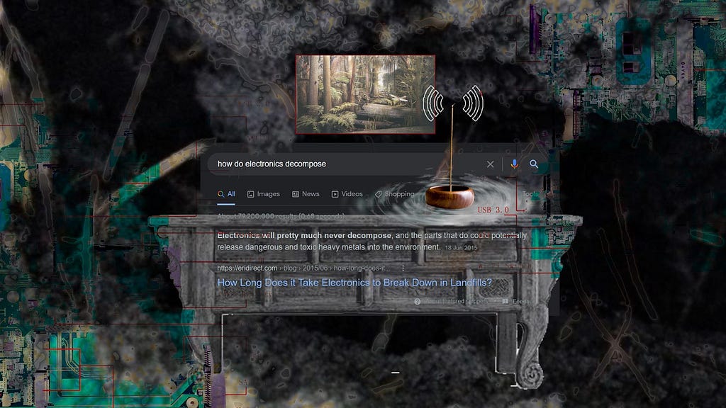 Alt-text continuation from caption: On the altar is a collage of incense in a bowl with radio signals coming out of the top of the stick instead of smoke, and the bowl is sitting in a rippling semi-transparent pool of water. Above the altar is an illustrated depiction of the Carboniferous Era, with big trees, farms, and creatures in their living ecosystem before eventually becoming the fossil fuels of today.