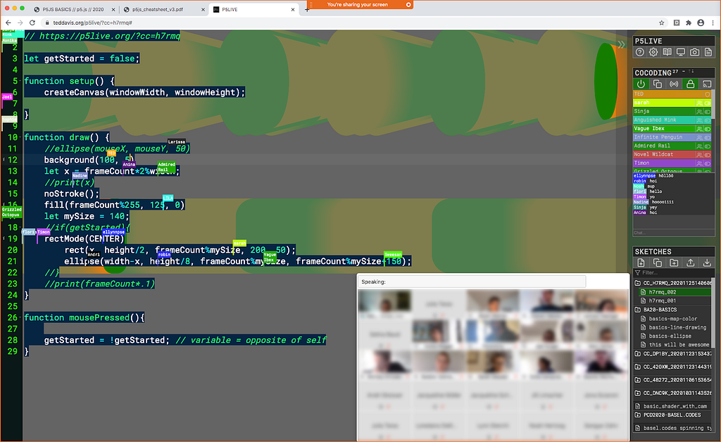 Screenshot of P5LIVE COCODING as experienced (teacher POV) during remote teaching in Fall 2020. Twenty-six students could join a single room for a group demonstration, then pair off into pre-assigned rooms.