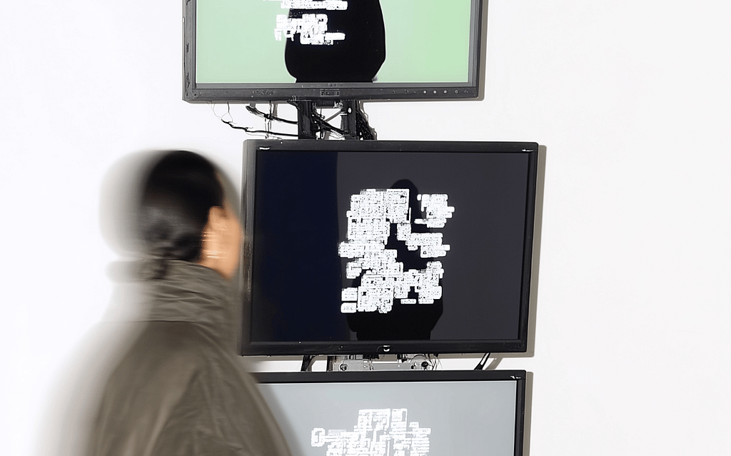 A woman passing by 3 computer screens