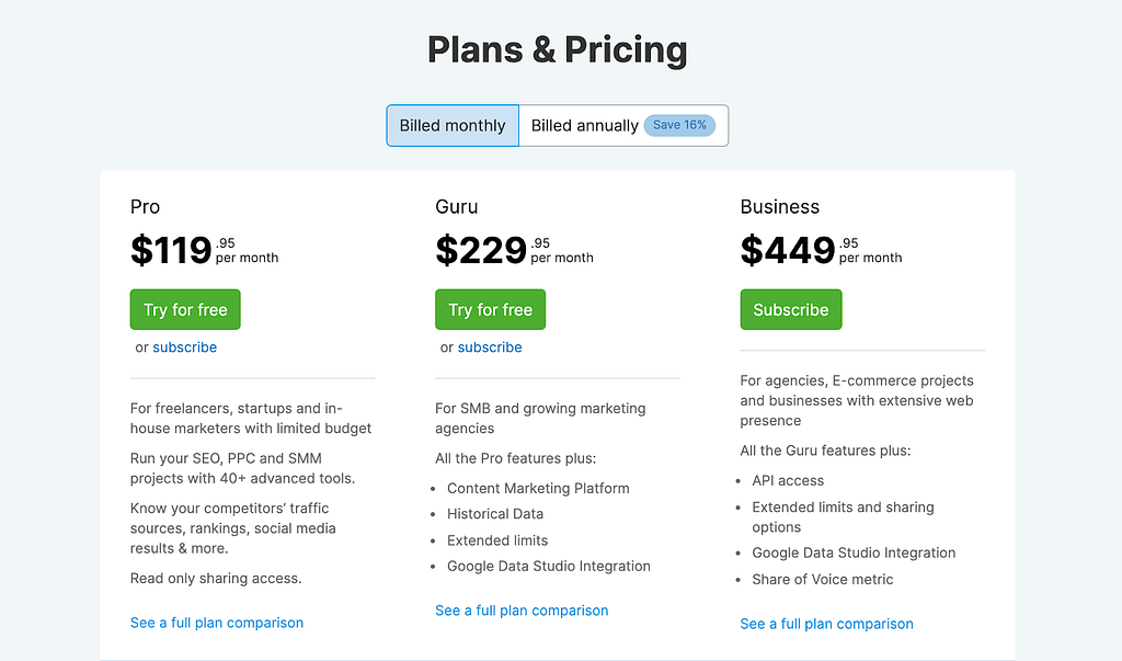 Plans and Pricing for 3 membership levels: Pro, Guru, and Business