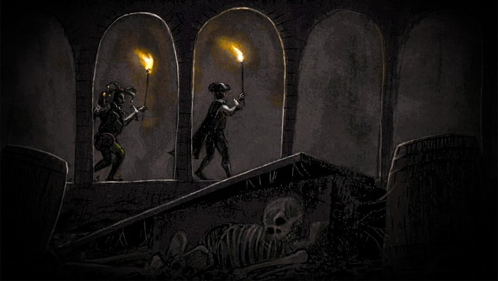 Two men in medieval clothing holding torches descend into a dark dungeon.