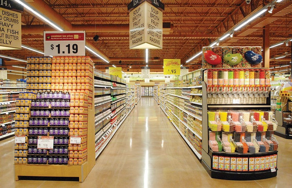 Aisles in a typical American supermarket