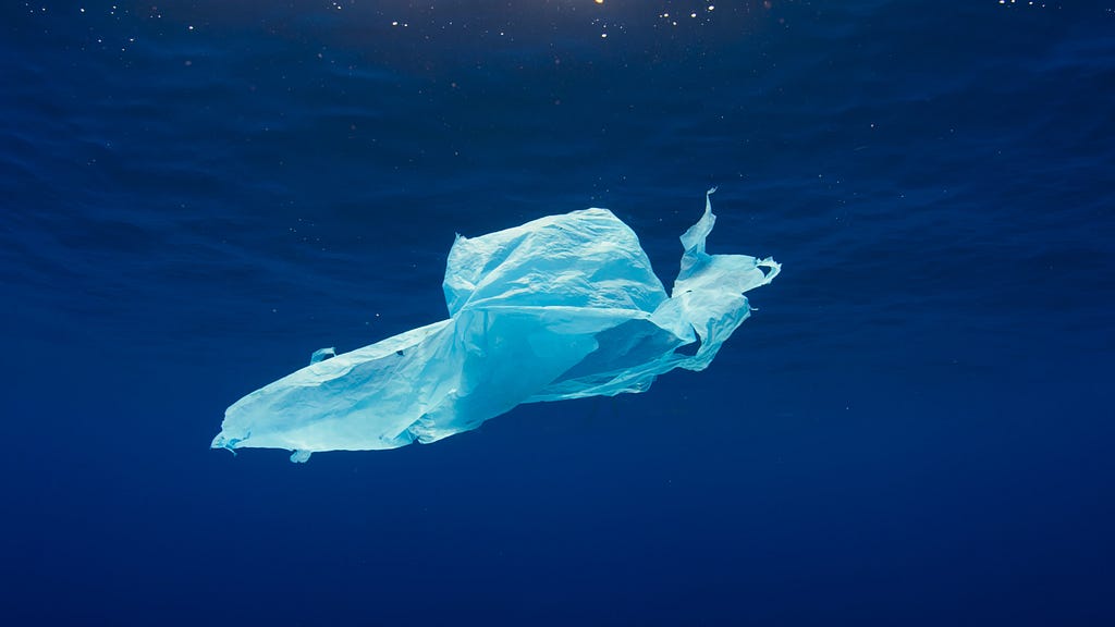 A plastic bag floating in the ocean