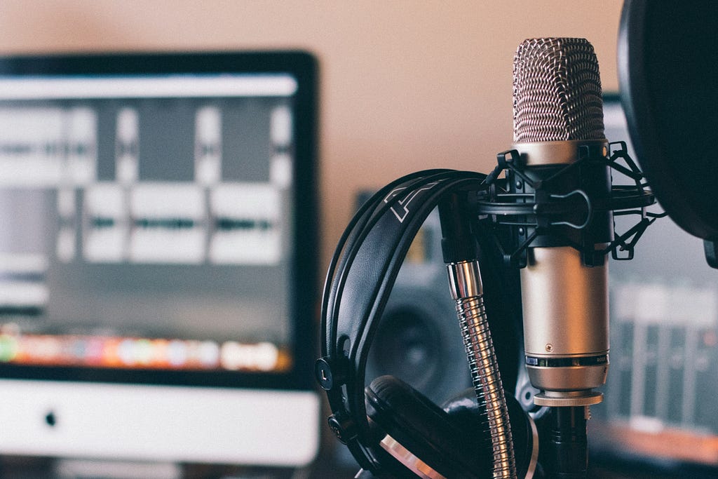 Microphone and stereo set-up for a podcast recording studio
