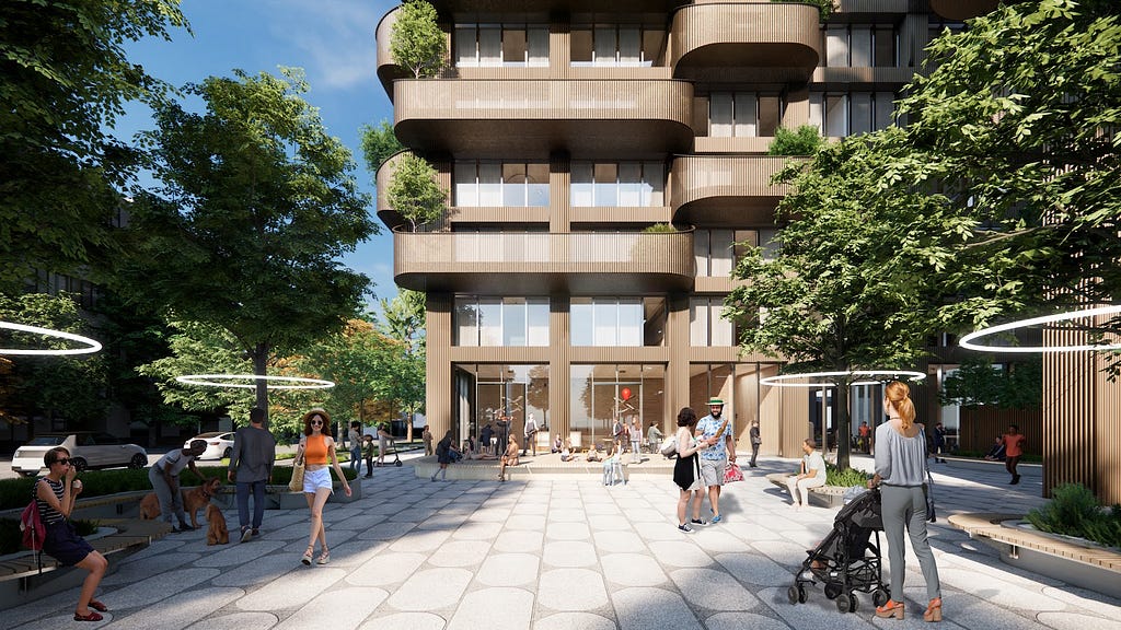 Rendering shows people walking through a paved plaza with leafy trees on each side and a high-rise apartment building in the background.