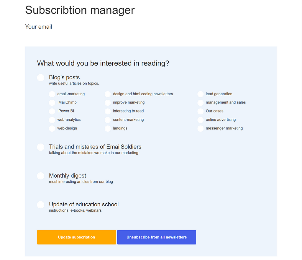 Subscription manager in EmailSoldiers newsletter