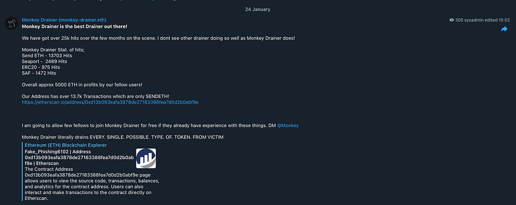 Screenshot of Monkey Drainer Telegram channel post.