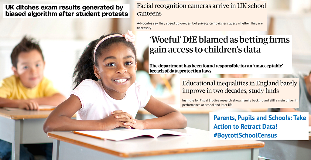 Black child at a desk in a classroom with other pupils. Newspaper headlines surround her showing failures/ unethical practices in use of education data.