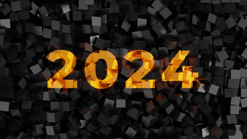 A bunch of blocks that beautifully come together to form 2024 in a golden format on a black background