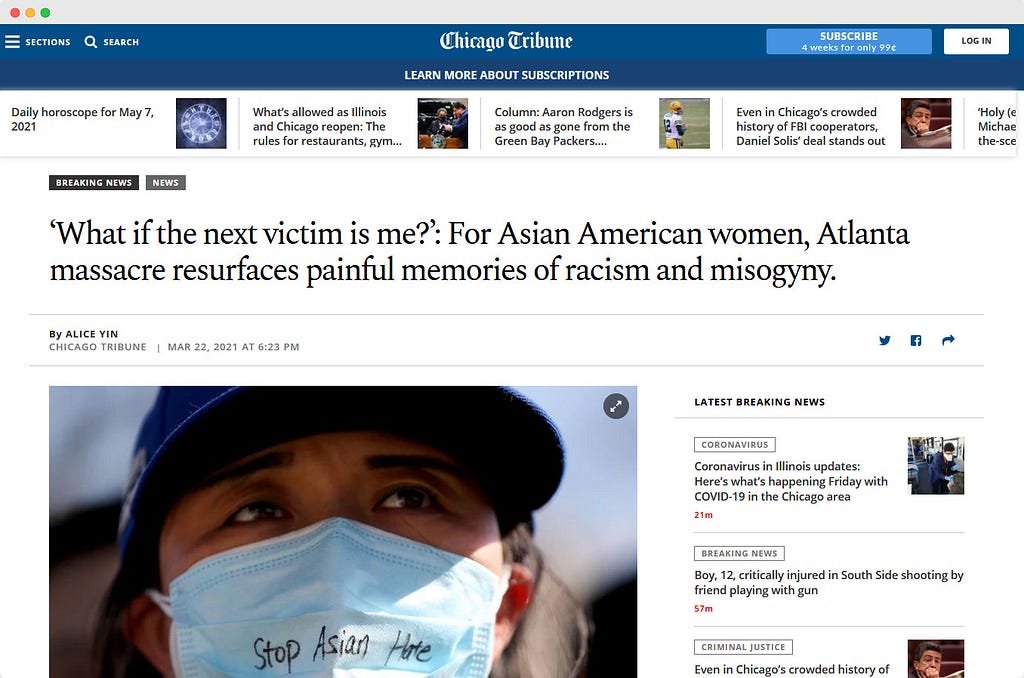 An article by Alice Yin on Chicago Tribune entitled 'What id the next victim is me?': For Asian American women, Atlanta massacre resurfaces painful memories of racism and misogyny 