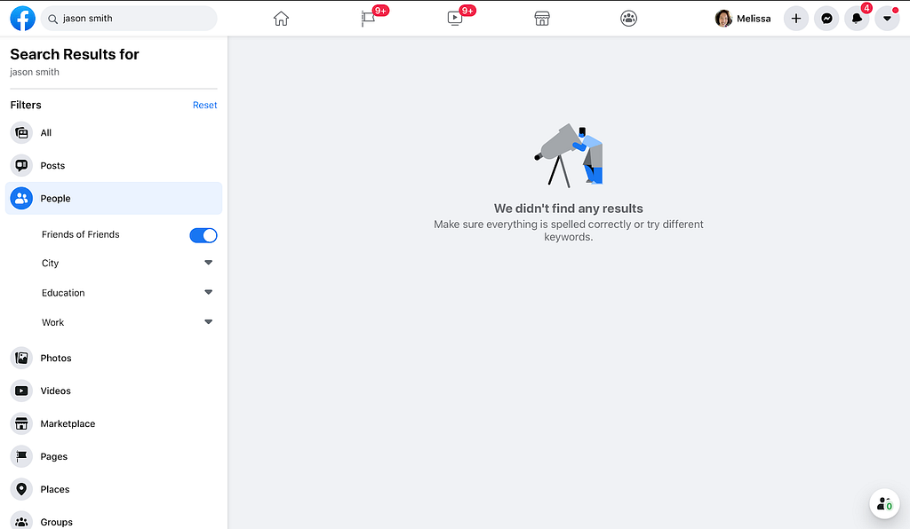 Screenshot of Facebook name search for people with zero results when the friends of friends filter is used