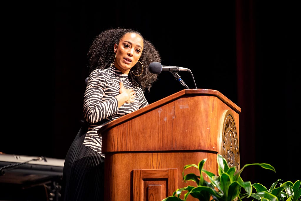 Image of Angela Rye as she speaks at the Martin Luther King Jr. Cultural Dinner, 2020.