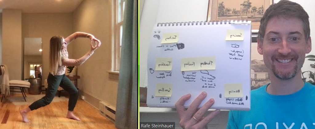 A split screen. Mecquel is leading a movement with her finger tips touching in a ball. Rafe is showing a written mind-map.